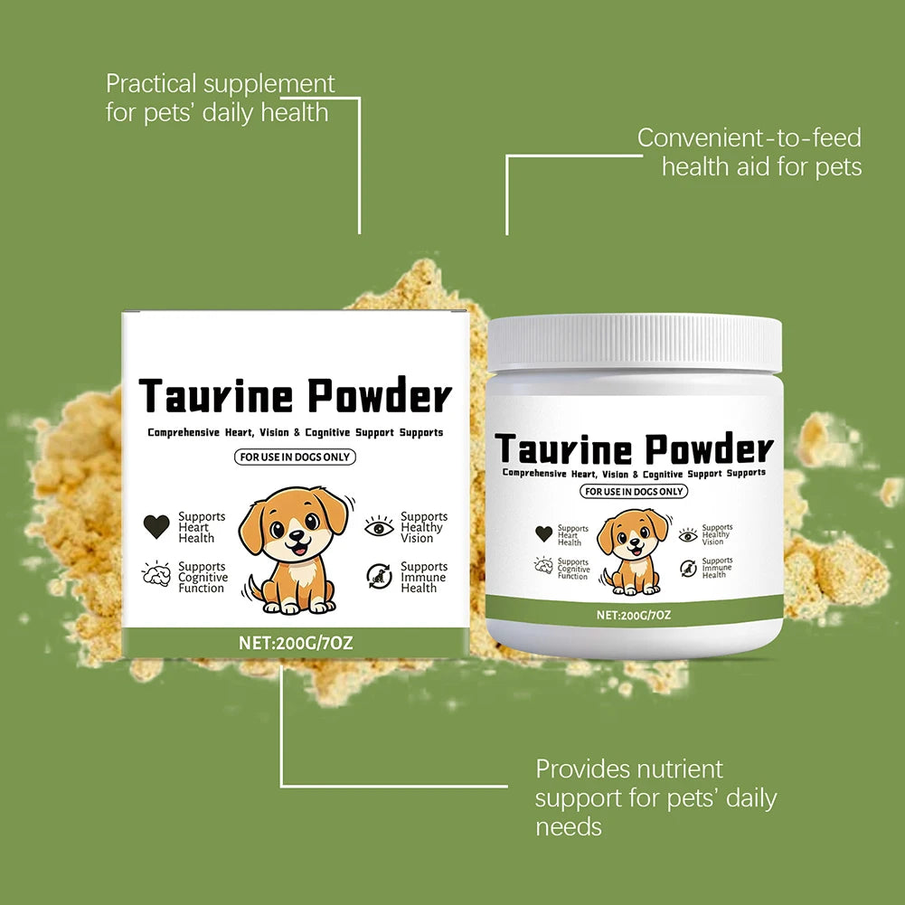 Taurine powder supplement for dogs, with cartoon dog illustration, promotes pet health.