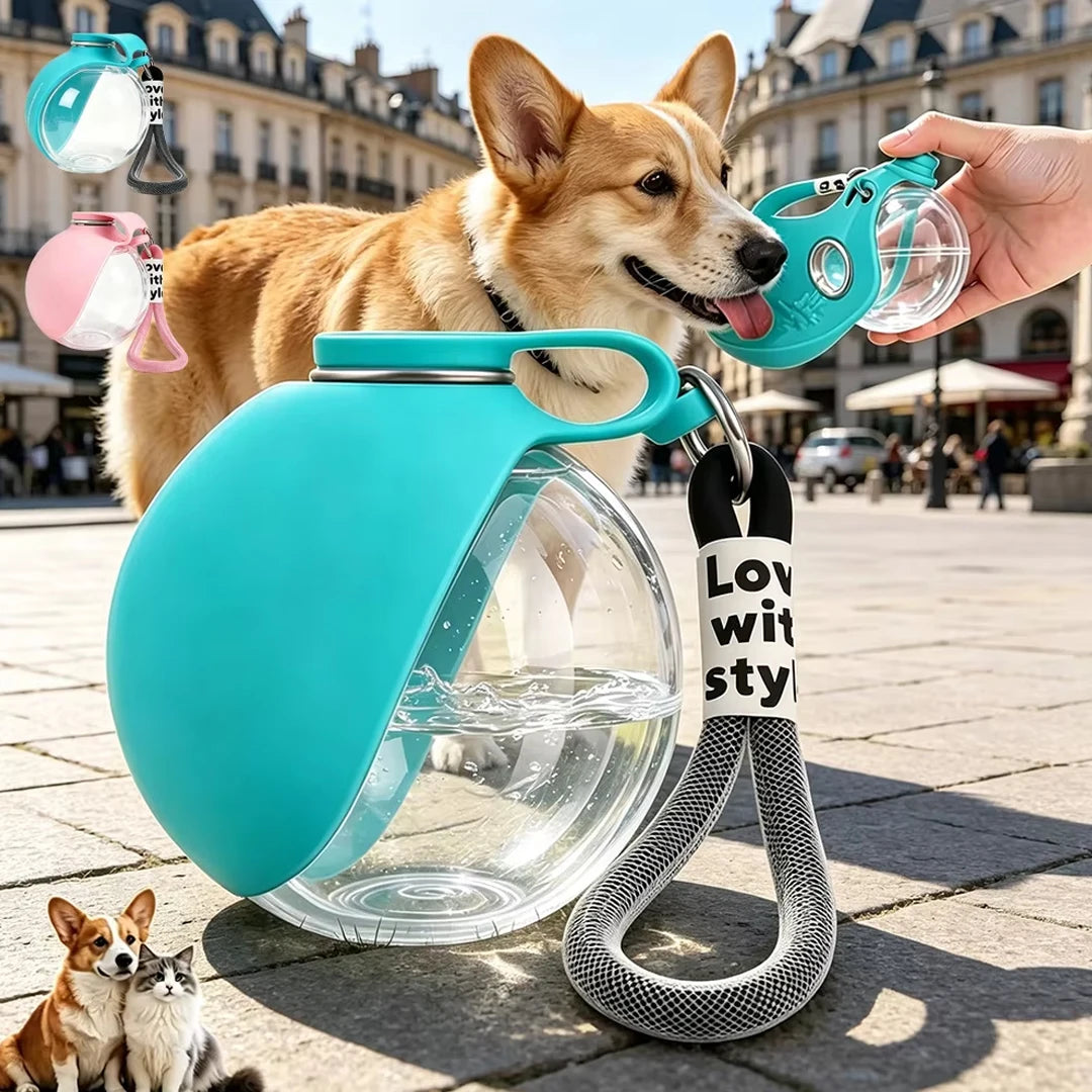 portable dog water bottle with bowl for outdoor walking, hiking, and travel, featuring a compact hydration cup and leash