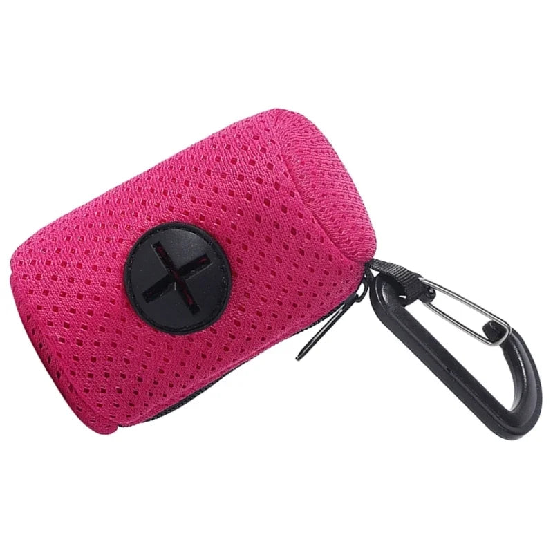 Pink dog poop bag holder with carabiner clip for convenient pet waste bag storage and dog walking cleanup