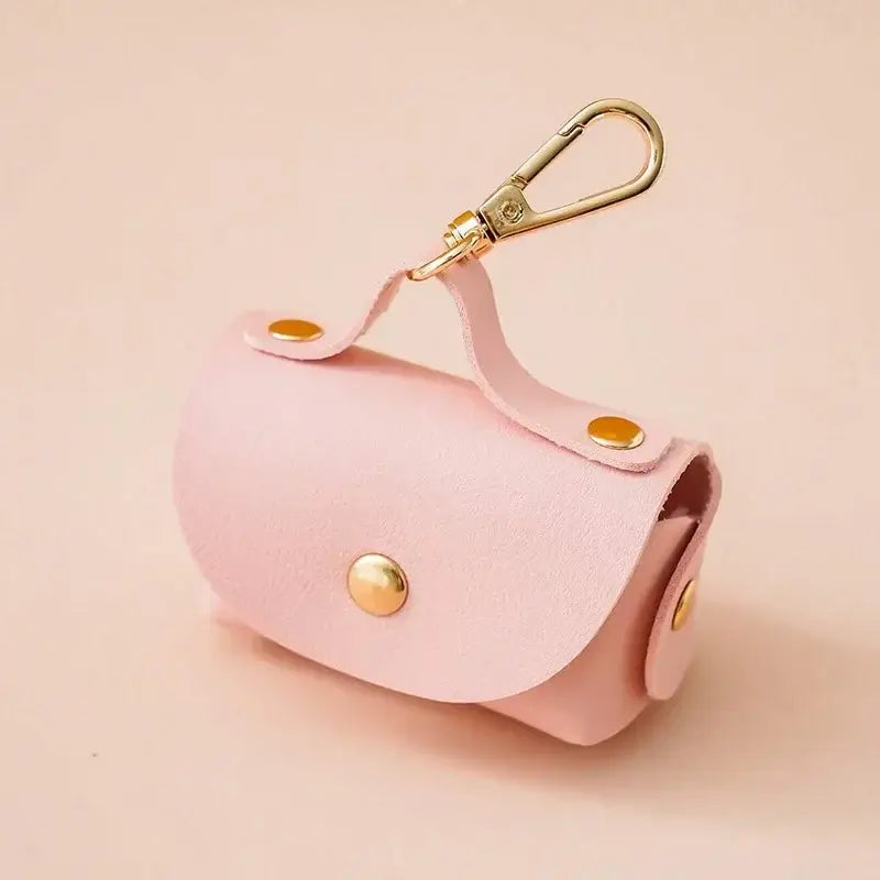 Dog Poop Garbage Bag Dispenser Portable Leather Dog Pooper Scoopers Bag Outdoor Walking Pet Supplies in pink leather.