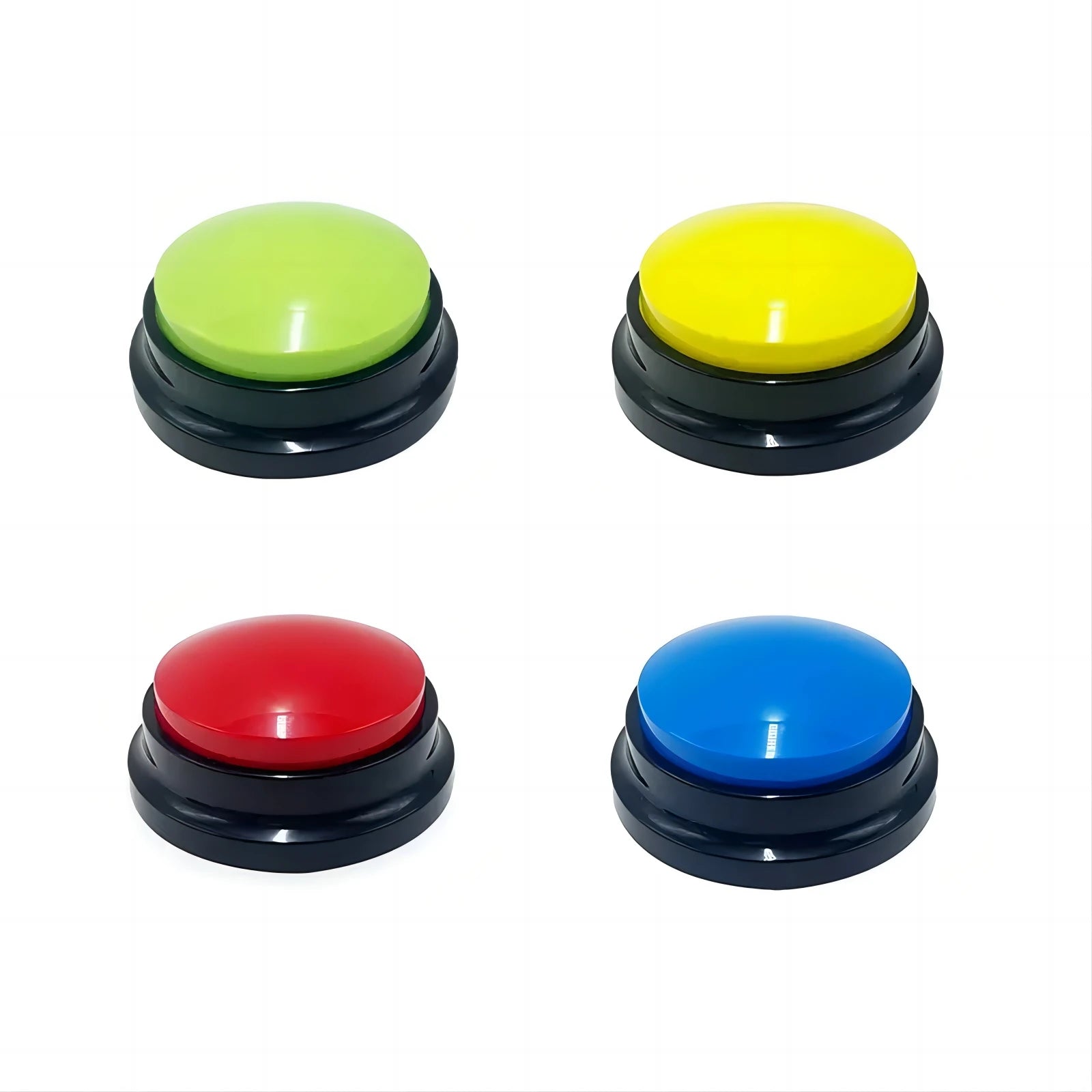 Set of four colorful dog communication buttons in green, yellow, red, and blue on white background.