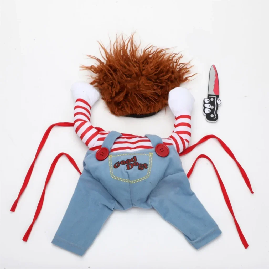 Funny dog costume with red striped sleeves, blue overalls, brown wig, and toy knife accessory