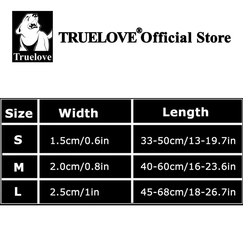 Size chart for Truelove Reflective Nylon Double Dog Leash for Two Dogs, including S, M, and L dimensions.
