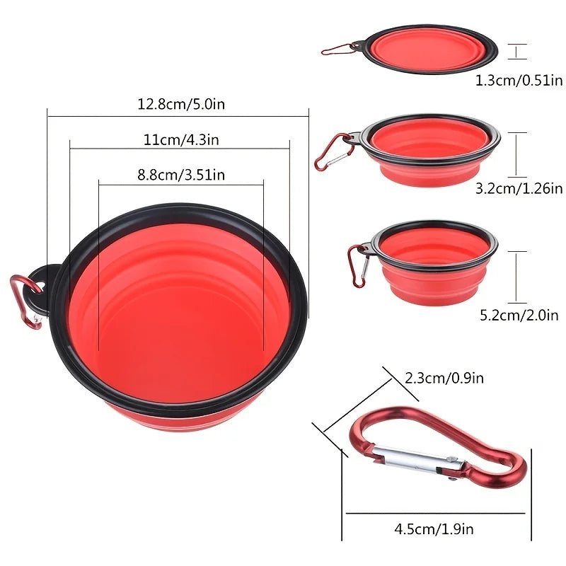 Portable collapsible pet food bowl dimensions with carabiner attachment in red color for dogs and cats.