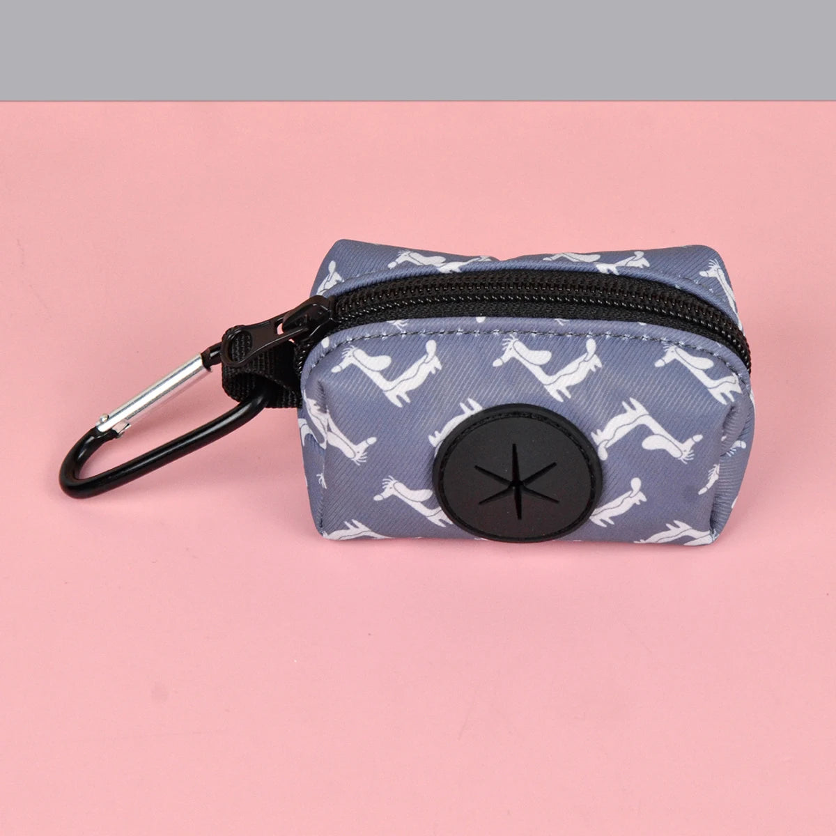 Grey VIP dog poop bag dispenser, size L, portable leather strap holder with carabiner, no bag or leash