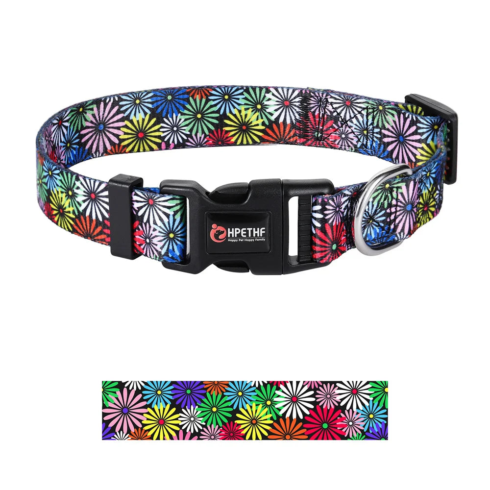 Colorful adjustable nylon dog collar with floral print, metal D ring, and durable buckle for medium and large dogs