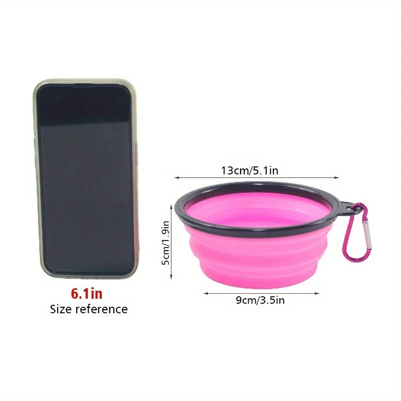 portable dog travel bowl pink silicone folding pet bowl with carabiner, size reference next to smartphone