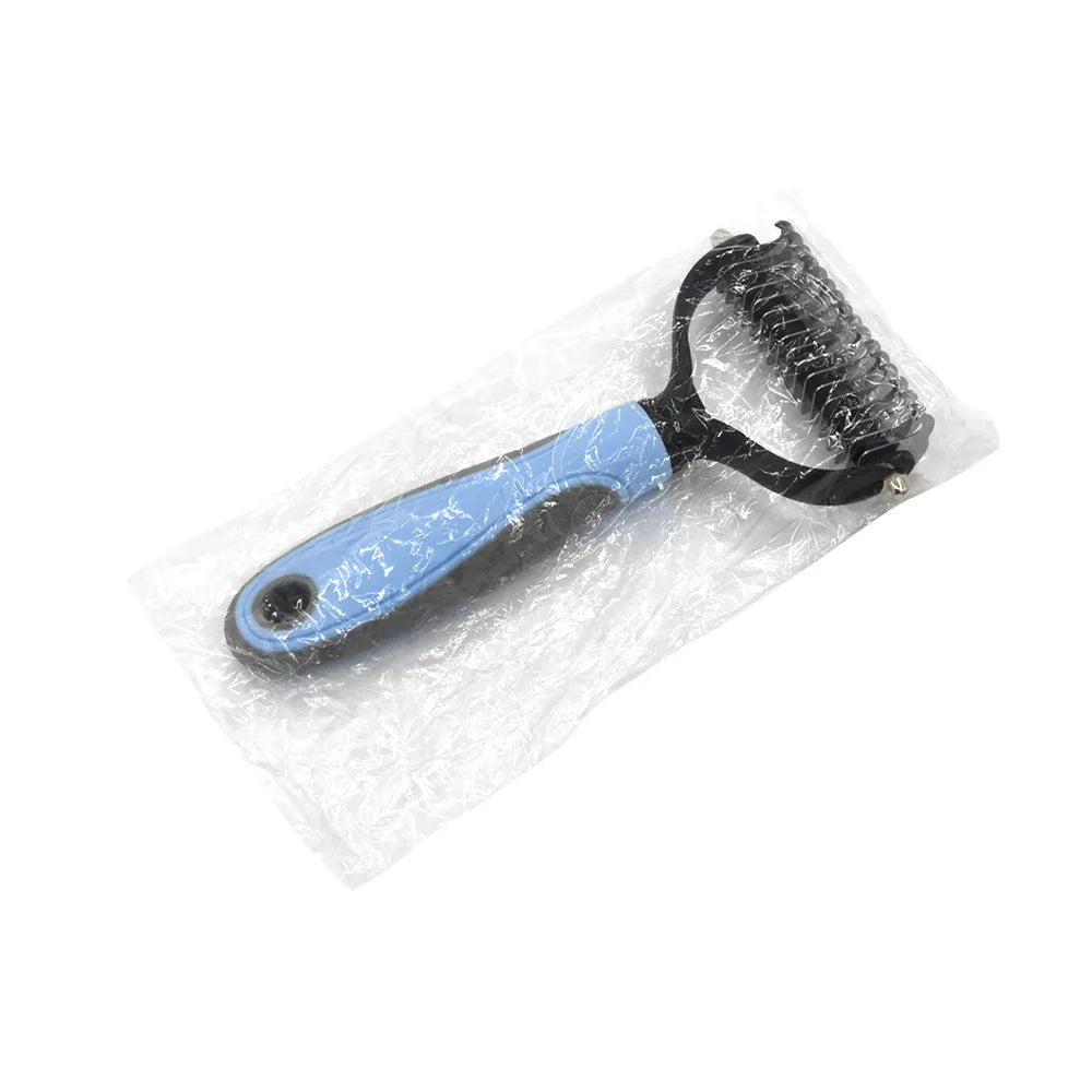 dog deshedding brush in packaging, stainless steel pet grooming tool for removing loose fur and tangles