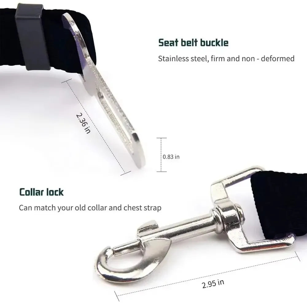 Dog car seat belt with stainless steel buckle and collar lock for secure pet travel safety