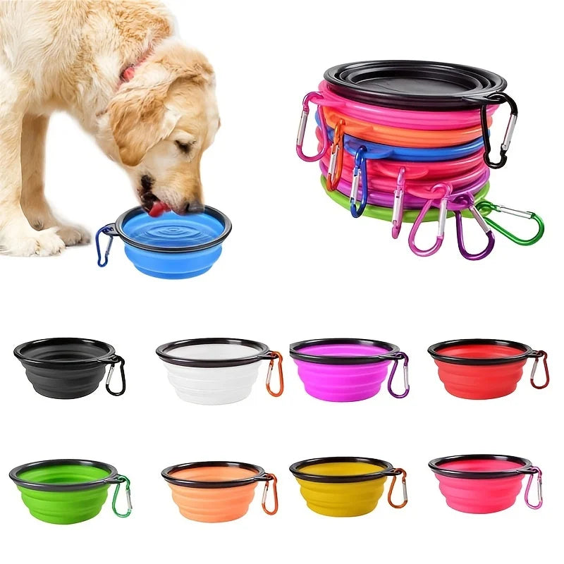 Portable collapsible pet food bowl in various colors with a dog drinking from it.
