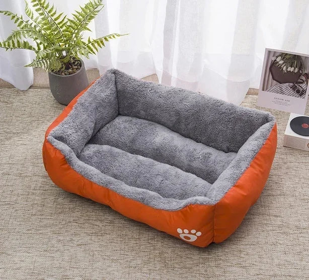 large dog bed house cozy square pet kennel with soft gray plush interior and orange sides for small, medium, and large dogs