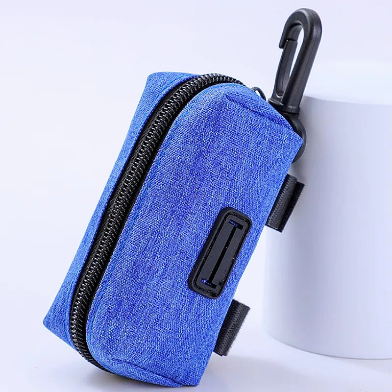 Blue dog waste bag holder pouch with zipper and clip for leash attachment