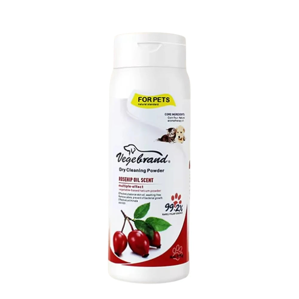 pet dry shampoo powder for dogs and s, Rosehip Oil scent, waterless odor elimination, plant-based cleaning bottle