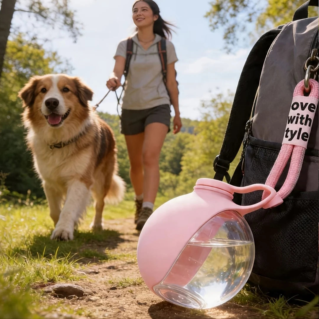 portable dog water bottle with bowl for hiking, attached to backpack beside woman walking dog on sunny trail