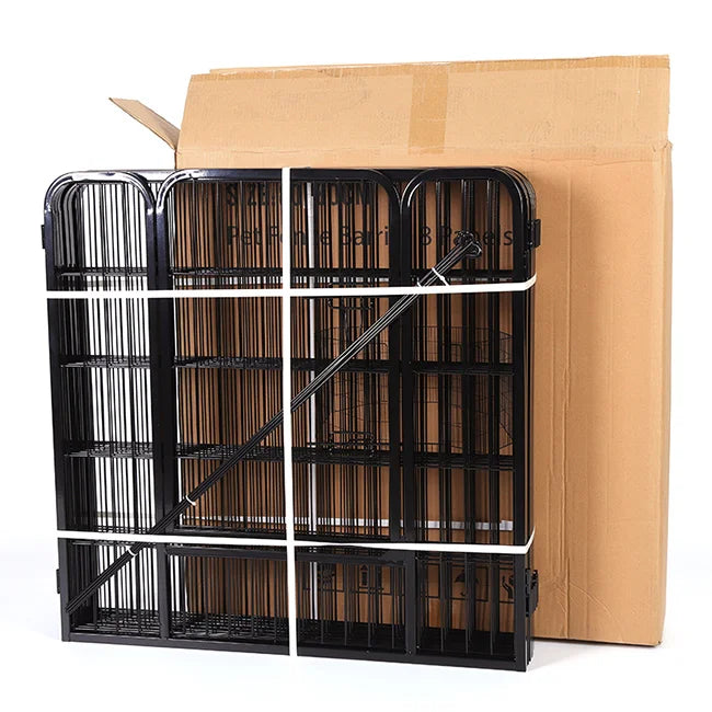 Folding Indoor Outdoor Dog Fences For Durable Metal Dog Houses For Dogs In Outdoor Back Gardens in packaging.