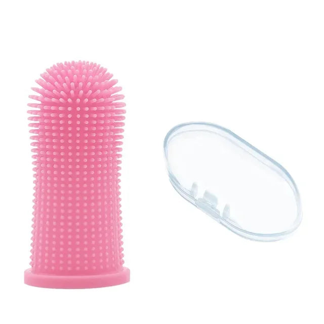 Pink silicone finger toothbrush for dogs with 360° soft bristles and storage case, nontoxic pet teeth cleaning