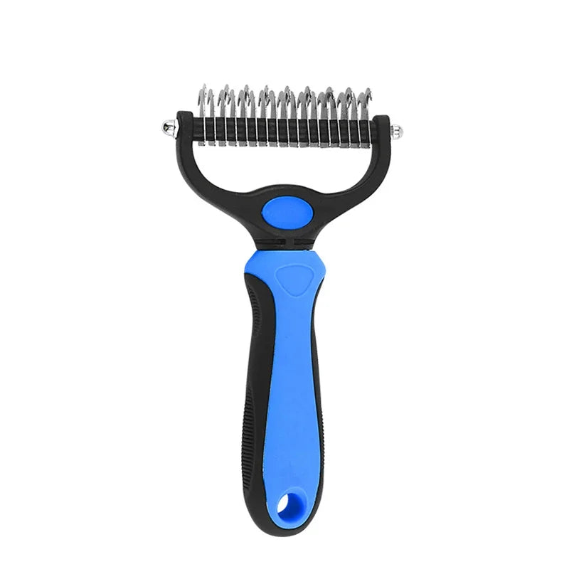 Blue L dog deshedding brush with stainless steel comb teeth for pet fur removal and grooming