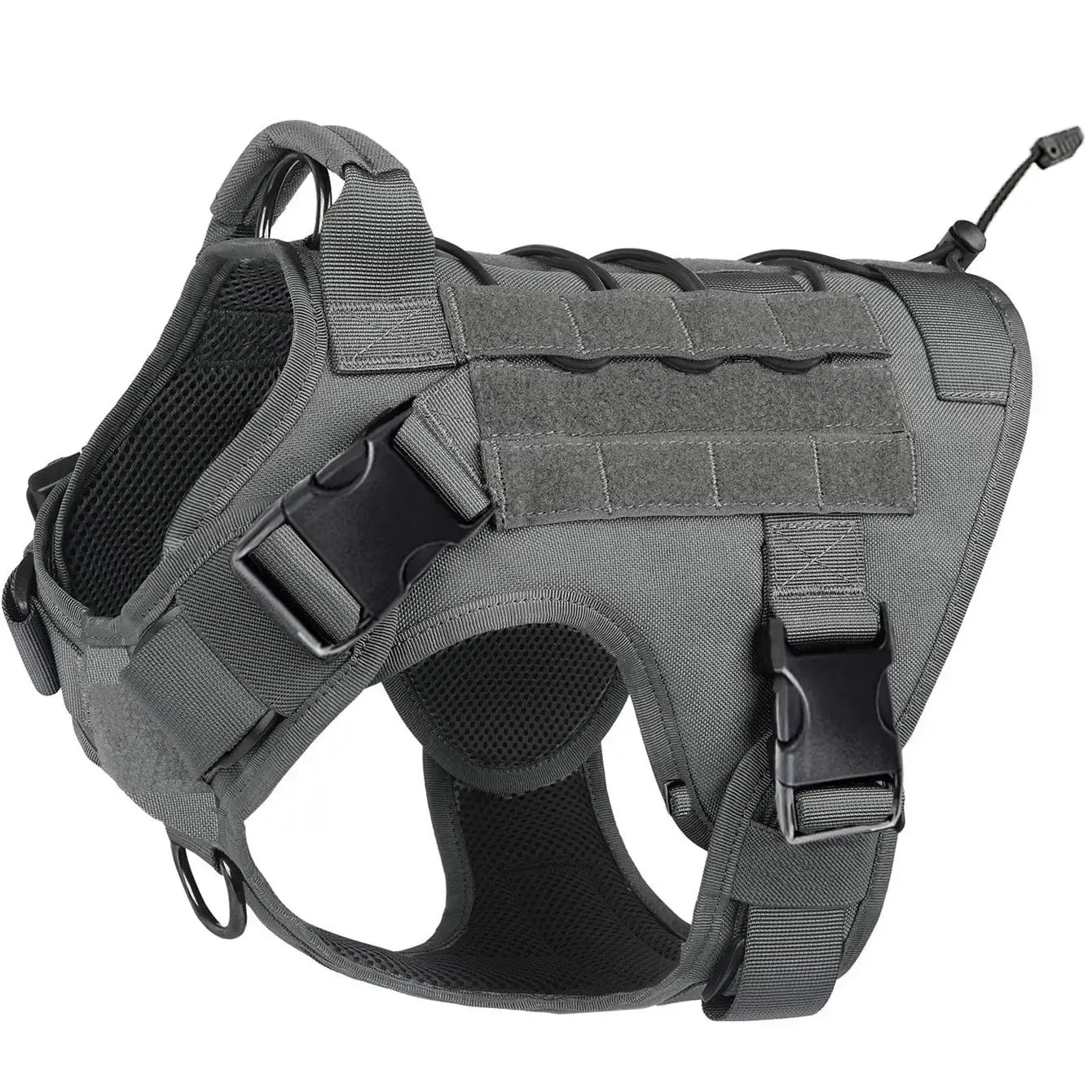 Dark grey tactical dog harness with handle, no-pull service dog vest, adjustable polyester with hook & loop panels, ships from China Mainland.