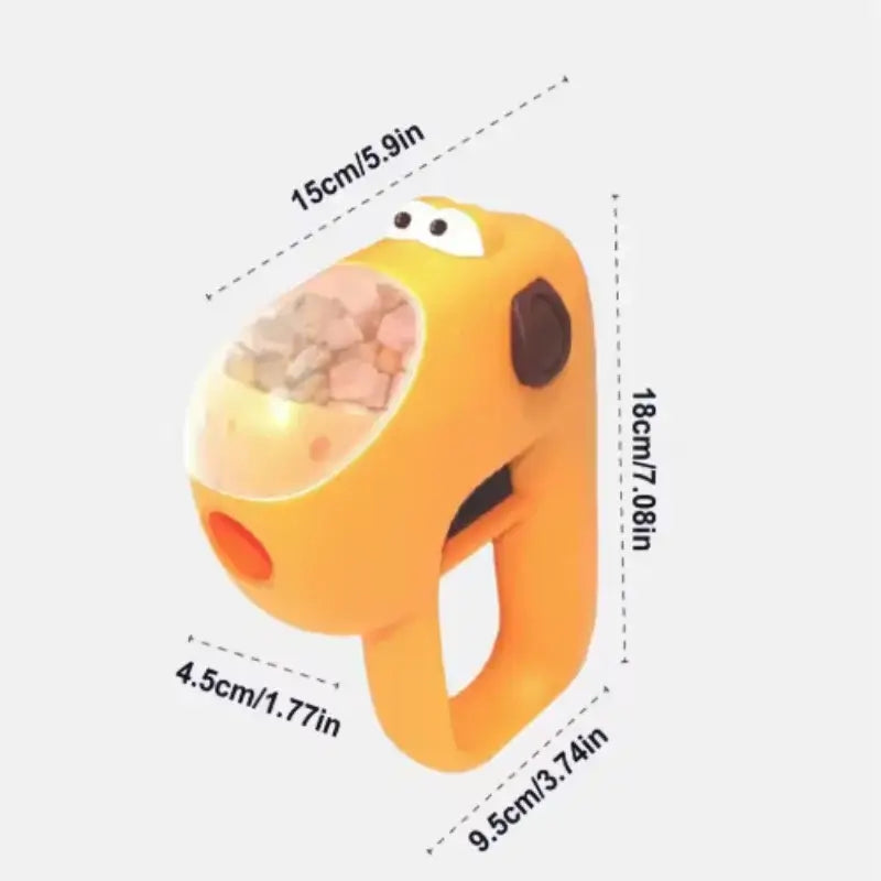automatic pet treat dispenser interactive dog and cat snack feeder toy, orange handheld design with treat window and size dimensions