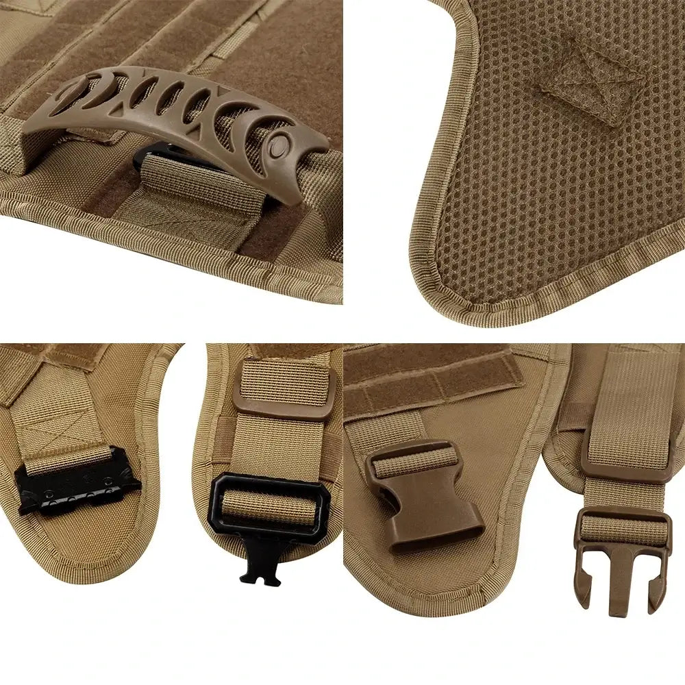military tactical dog harness with padded nylon panels, quick-release buckles, and durable handles for large dogs
