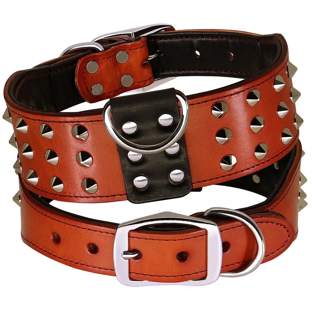 Brown wide leather dog collar with silver spikes and studs for medium large dogs, padded genuine leather