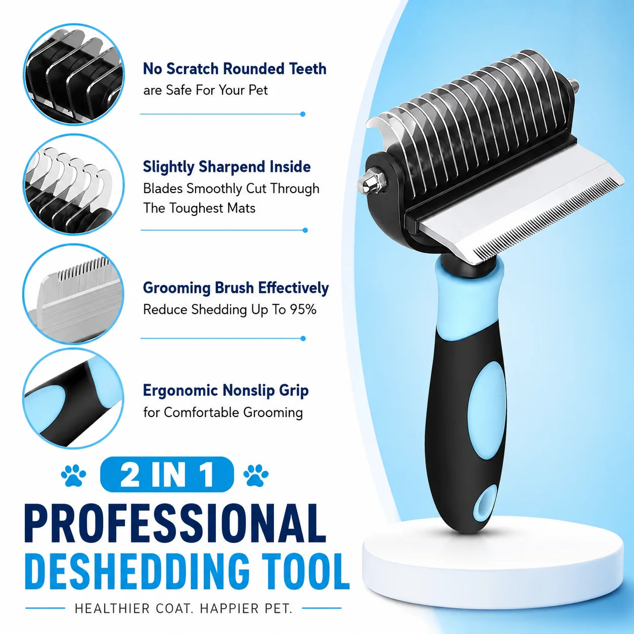 2-in-1 pet deshedding brush with no-scratch rounded teeth, ergonomic nonslip grip, reduces shedding up to 95%