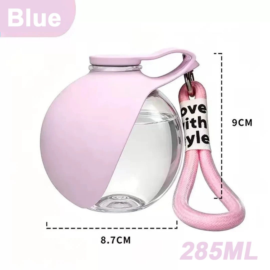 Pink portable dog water bottle with bowl, 285ml compact plastic pet hydration cup for outdoor walking, hiking, and travel