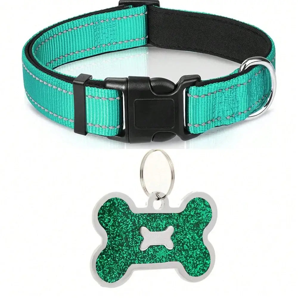 Dog Collar Nylon Soft Padded Adjustable Breathable Durable Comfortable Reflective Pet Collar for Small Medium Large Dog Bone Tag