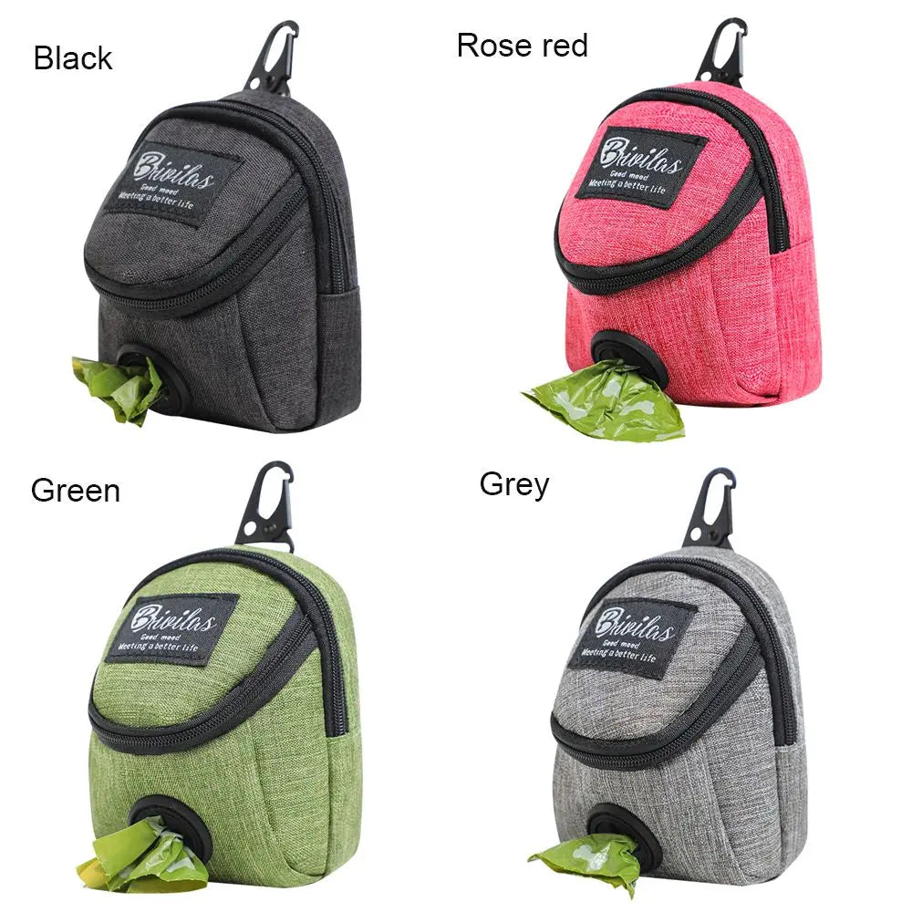 Four dog waste bag holders in black, rose red, green, and grey with clip attachments.