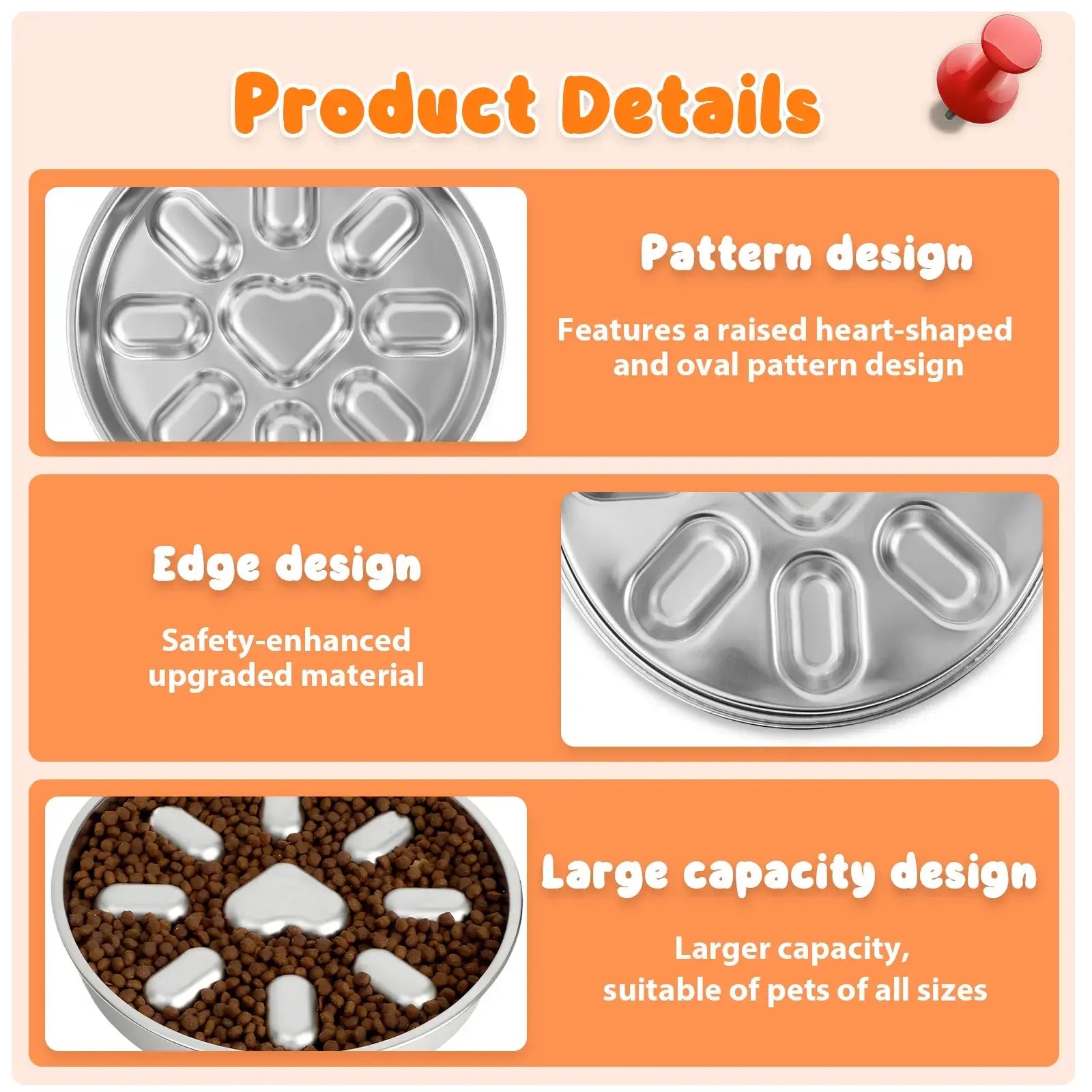 stainless steel slow feeder dog bowl with heart-shaped pattern, raised edges, and large capacity for anti-choking pets