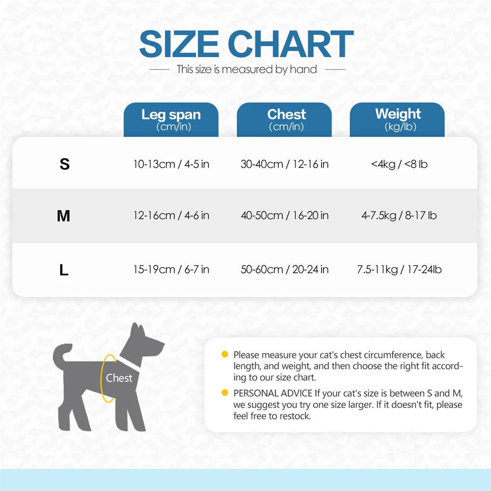 horizontal dog carrier backpack size chart for small and medium dogs, showing chest, leg span, and weight ranges