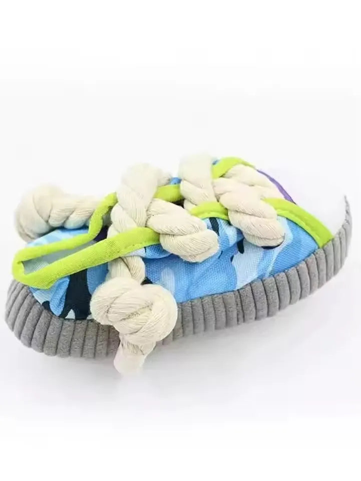 indestructible pet chew toy for aggressive chewers plush rope squeak shoe-style dog toy in blue green and gray