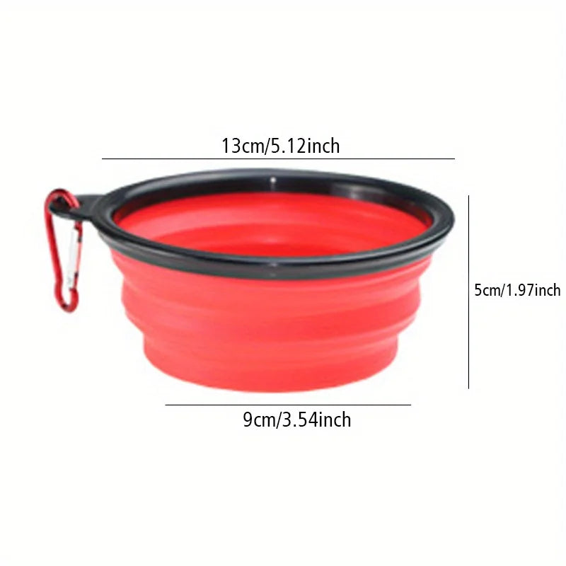 Red portable dog travel bowl with black rim and clip, foldable silicone pet food and water bowl for outdoor walking