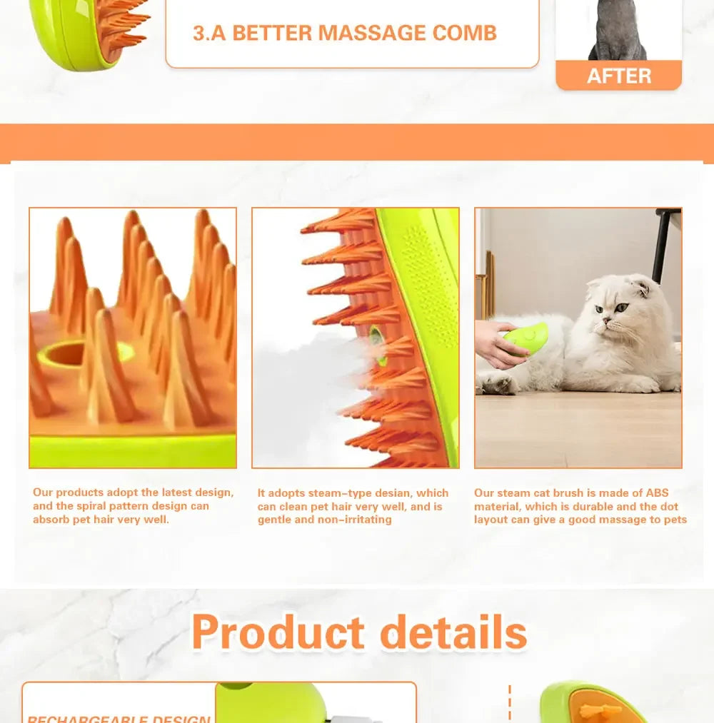 pet steam grooming brush for cat massage, shedding, and detangling with steam spray comb design