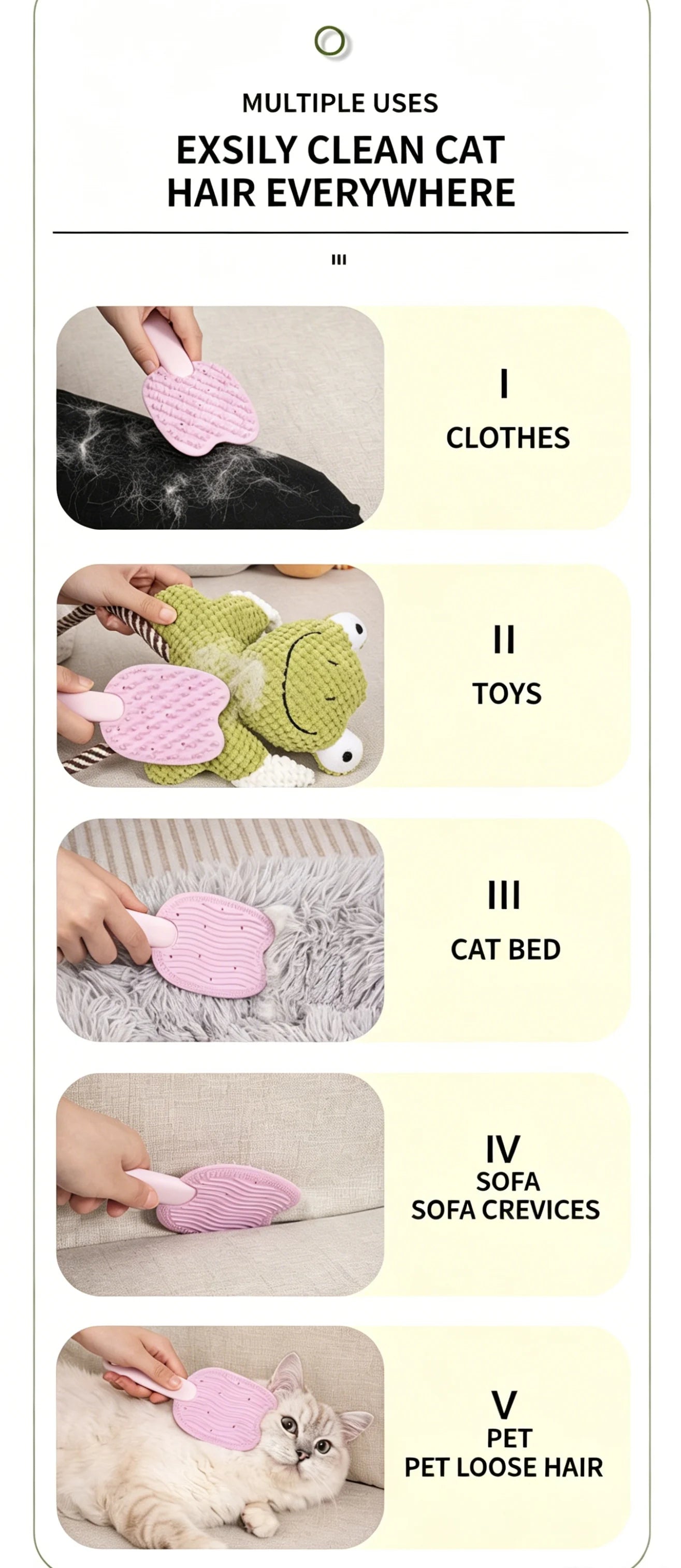 2 in 1 pet hair remover grooming brush removes cat hair from clothes, toys, cat beds, sofas, and pets