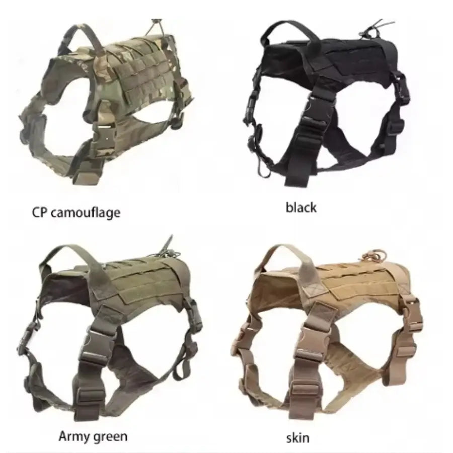military training dog harness in CP camouflage, black, army green, and skin colors for small to large dogs