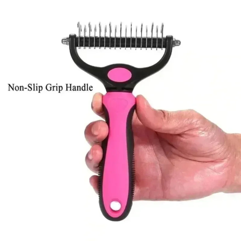 self cleaning pet deshedding brush for cats and dogs, non-slip grip handle grooming comb, hair remover tool