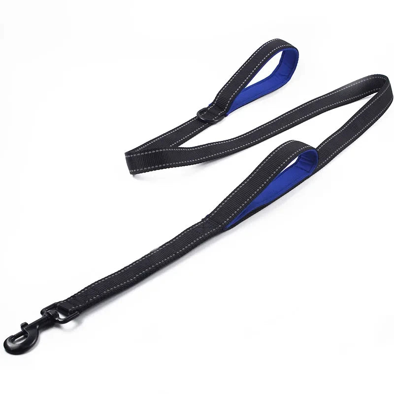 heavy duty double handle dog leash for training and control, black with blue padded handles