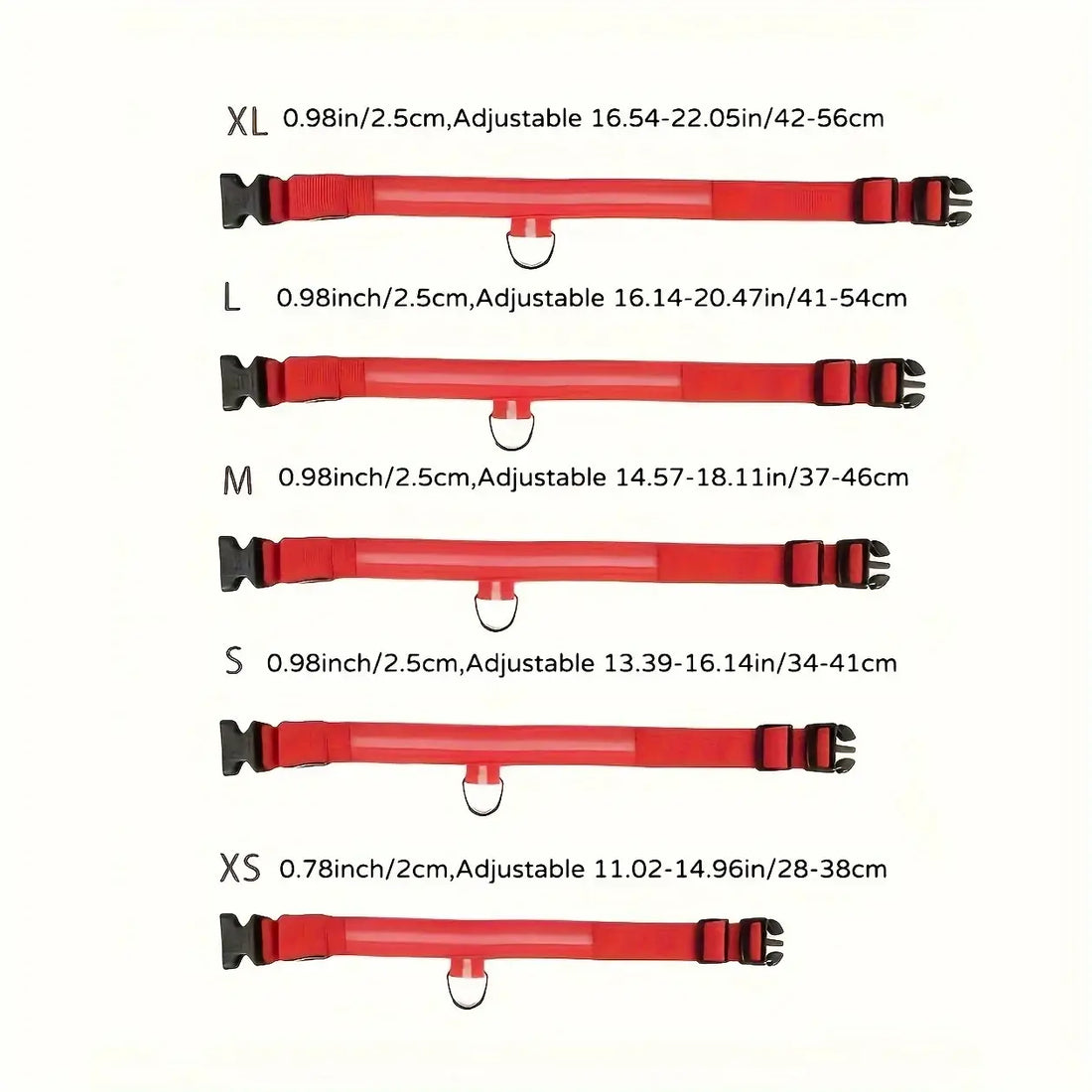 LED dog collar for night safety, adjustable reflective red nylon dog collar in XS to XL sizes for small and medium breeds