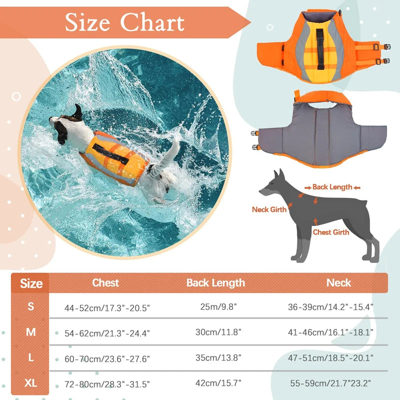 Reflective dog life jacket size chart for swimming, orange pet vest with leash ring and rescue handle