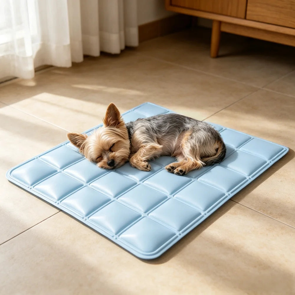 cooling gel pet mat for summer, blue grid pattern sleeping pad for indoor and outdoor heat relief for small dogs