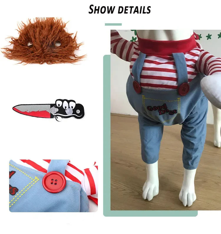 Funny dog costume with striped shirt, blue overalls, red buttons, and plush knife accessory
