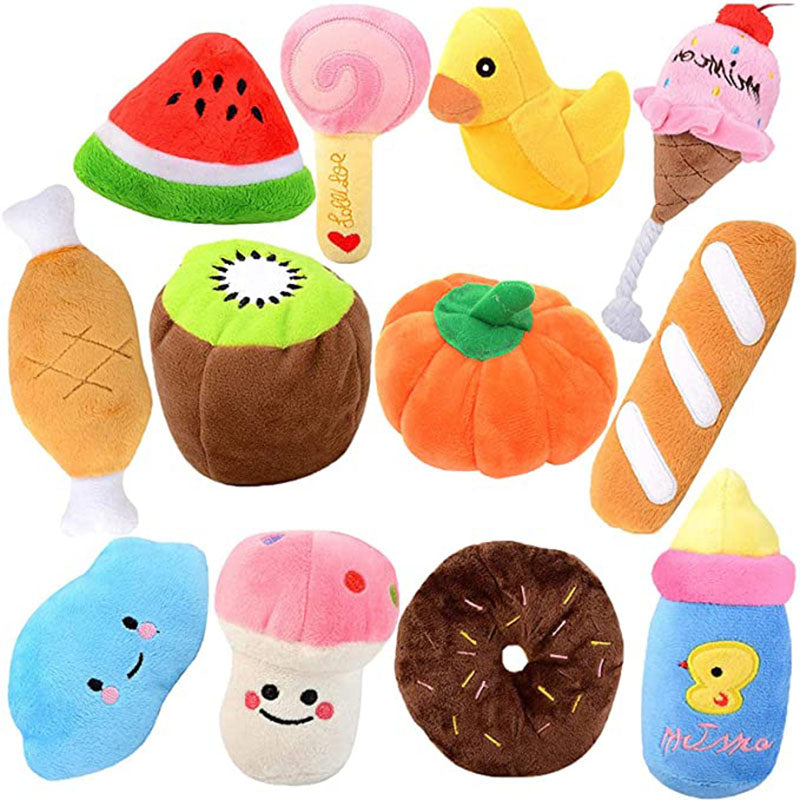 plush squeaky dog chew toy set with colorful food-shaped dog toys for small and medium dogs, soft fleece pet play toys