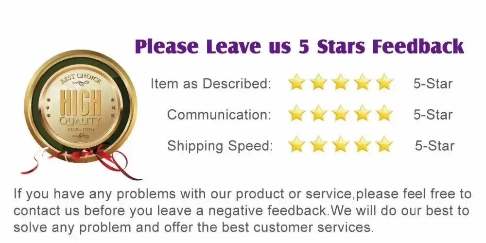 Please Leave us 5 Stars Feedback showing 5-star ratings for item description, communication, and shipping speed.