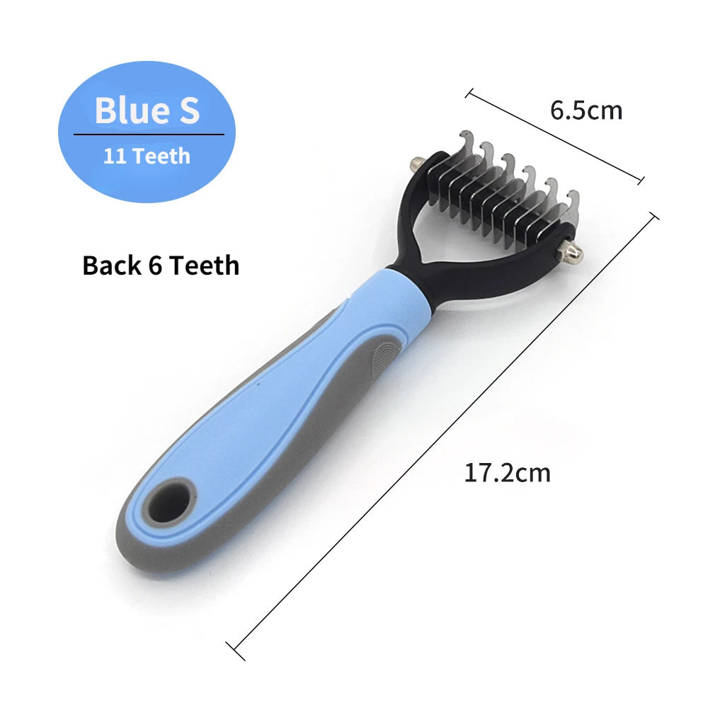 Blue 11-teeth dog deshedding brush with stainless steel blade, 17.2cm grooming tool for removing pet hair and knots