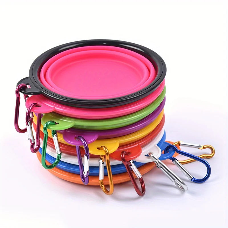 portable dog travel bowl collapsible silicone bowl set for outdoor walking, colorful dog food and water bowl with carabiner