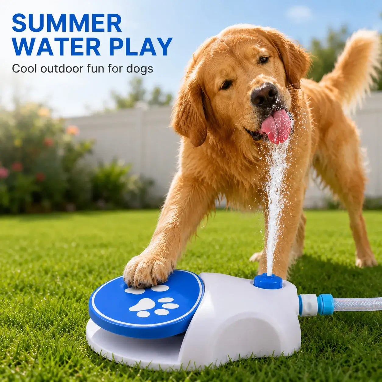 Golden retriever using step-on dog water fountain for summer outdoor water play in the yard
