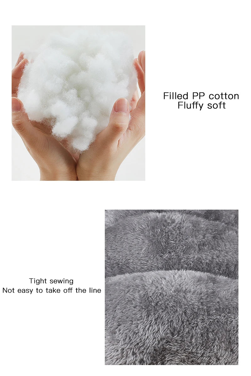 washable plush dog bed with soft PP cotton filling, tight sewing, and fluffy grey plush surface for pets