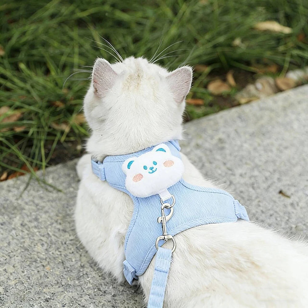 adjustable cat harness leash set, blue breathable cartoon pet harness on white cat for safe outdoor walking