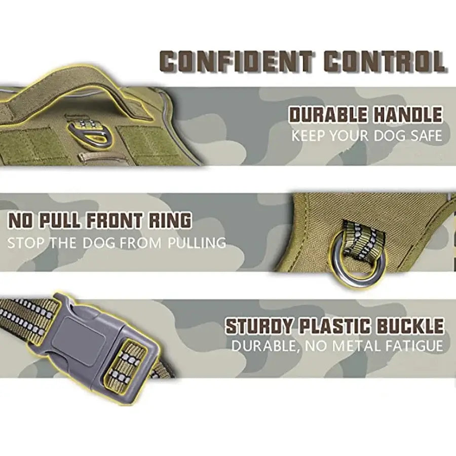 military tactical dog harness with durable handle, no pull front ring, sturdy buckle, and reflective straps for control